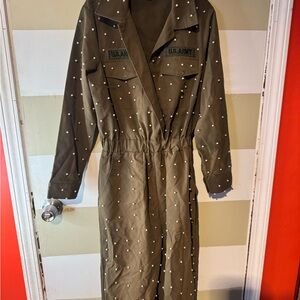 L'ATISTE Olive Green Jacket with Pearl Button Detail